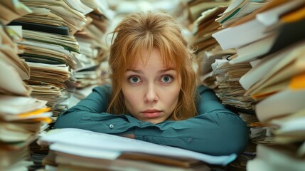 Auditor Surrounded by Piles of Financial Reports in Office Environment
