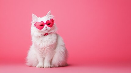 Adorable White Cat Wearing Pink Heart Sunglasses