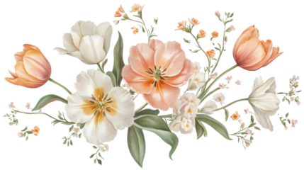 Bouquet of flowers painted with watercolor transparent background