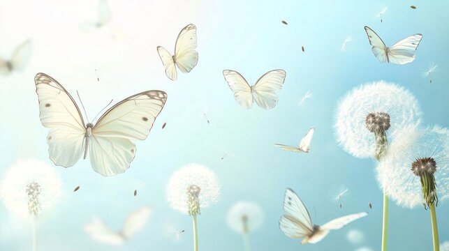 Fototapeta White butterflies flutter around fluffy dandelion seeds against a soft blue sky.