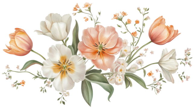 Bouquet of flowers painted with watercolor transparent background
