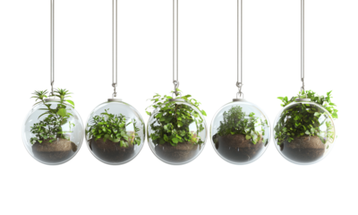 Hanging globes contain lush greenery, showcasing vibrant plants thriving in a stylish display isolated on white and transparent background.