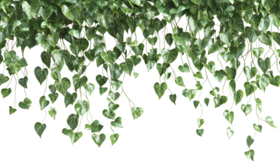 A lush display of hanging ivy leaves against a dark background, creating a vibrant and natural aesthetic isolated on white and transparent background.