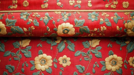 Intricate goldwork embroidery showcasing floral patterns on vivid red fabric