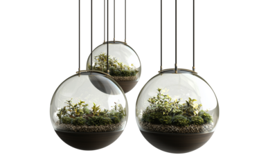 Three hanging glass spheres containing lush greenery, showcasing a miniature ecosystem within each sphere isolated on white and transparent background.