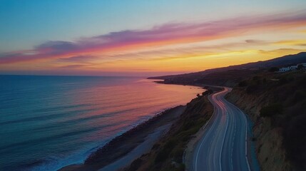 Fototapeta premium Aerial view of coastal highway at sunset, vibrant colors reflecting on ocean.