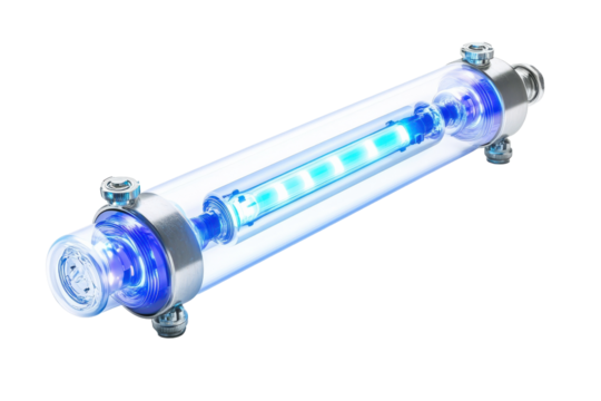 Blue LED light tube with transparent casing and metallic ends under bright lighting conditions