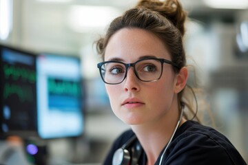 Nurse in Scrubs Focused While Monitoring Patient with Defibrillator