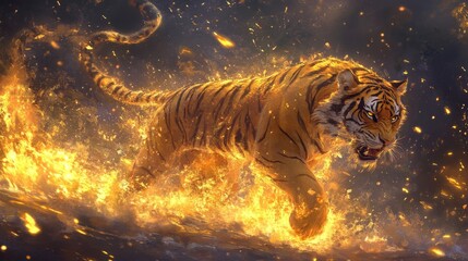 Fiery Magic Tiger Roaming in Enchanted Realm Fantasy Art Epic Environment Dynamic Viewpoint