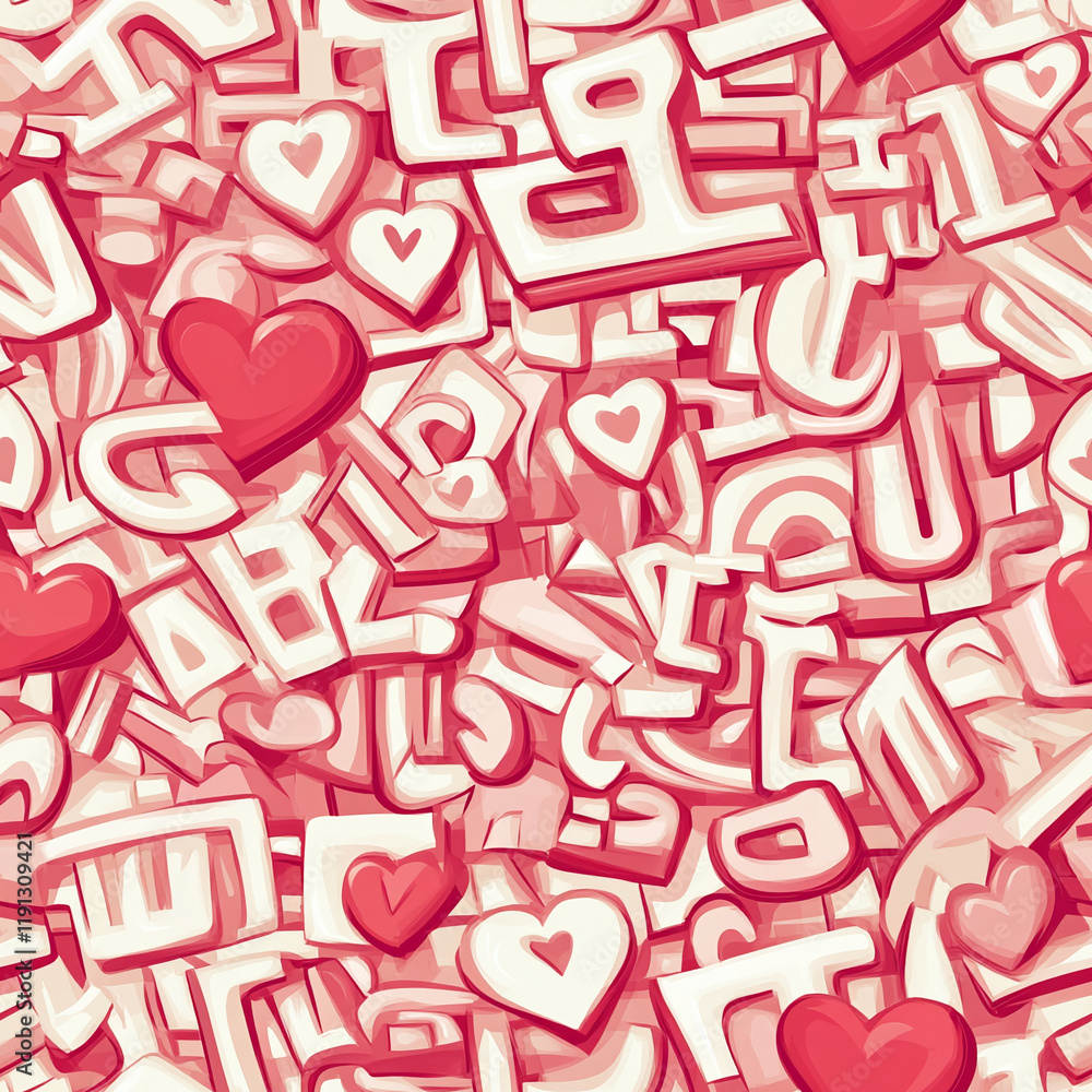 Poster Playful abstract letters and hearts texture in red and white tones