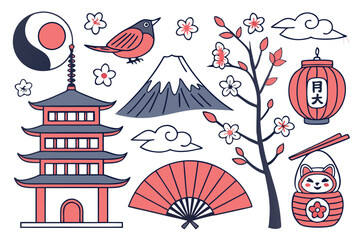 Obraz premium Japanese icons, cultural symbols, traditional elements, flat design, colorful, kawaii style, Daruma doll, koi fish, sushi, Daruma doll, pagoda, tea ceremony, Mount Fuji, crow, Yin Yang, cherry blossom