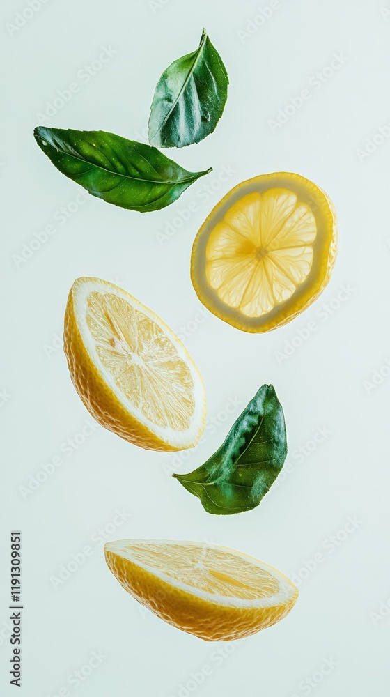 Poster Three vibrant lemon slices and fresh green leaves levitating against a minimalist light green background, creating a refreshing and dynamic visual perfect for summer themes