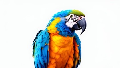 Fototapeta premium Blue and Gold Macaw Portrait Against White Background