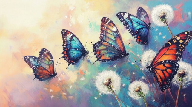 Fototapeta Colorful butterflies flying over dandelions in a painterly style.