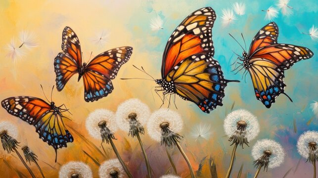 Fototapeta Monarch butterflies flying over dandelion seeds.