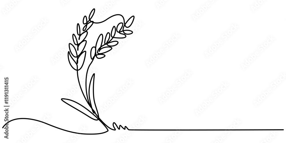 Poster continuous one line drawing of ripe ears of wheat in silhouette on a white background. linear styliz