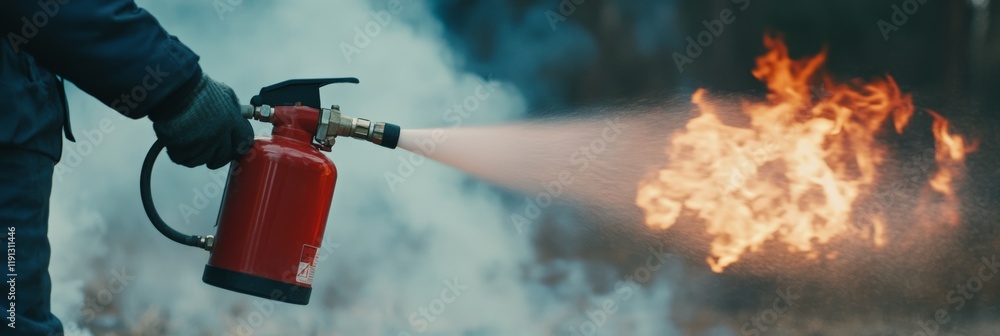 Poster firefighter using fire extinguisher to put out flames in forest fire, demonstrating fire safety and 