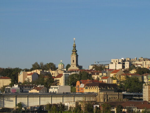 St. Michael's Cathedral seen from the Zemun Bridge in Belgrade, Serbia