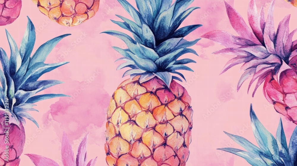Poster Bright watercolor pineapple pattern on soft pastel background creating a fresh tropical vibe for decor and design projects. Generative AI