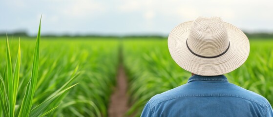 A farmer stands in a lush green field, observing the abundant growth of crops. The sun casts a warm glow on the landscape, symbolizing hard work and dedication to agriculture.