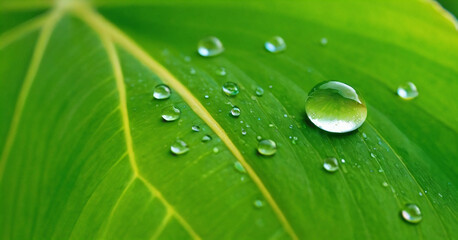 Large beautiful drops of transparent rain water on a green leaf macro. Drops of dew in the morning glow in the sun. Beautiful leaf texture in nature. Natural background