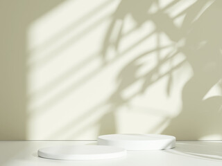 White cylindrical podium with tree leaf shadow background, illuminated by soft sunlight