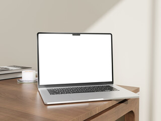 Laptop blank screen on wood table mockup, template for your text for background and device screen