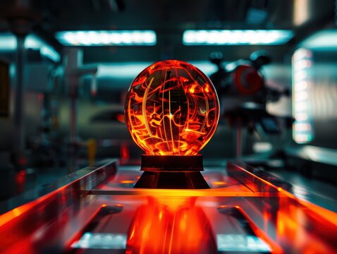 Vibrant Fiery Globe in a High-Tech Laboratory Setting