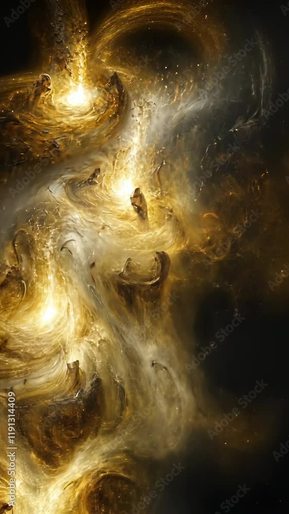 Poster swirling cosmic patterns display vibrant golden hues and dark voids in a mesmerizing celestial dance