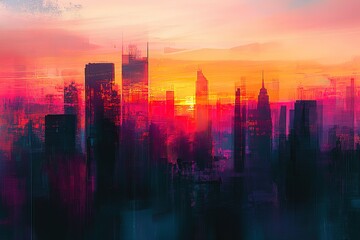 Fototapeta premium City skyline at sunset, vibrant colors