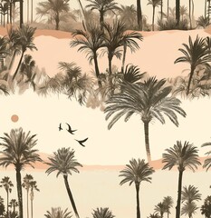 Seamless Vintage Illustration of an Oasis with Date Palm Trees in Pastel Pink and Peach Tones, Muted Colors, and a Serene Tropical Design Perfect for Decorative and Artistic Projects.