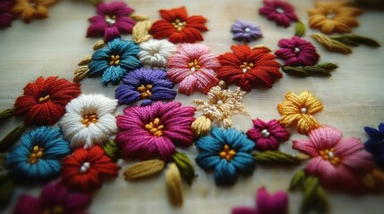 Fototapeta premium Close up of intricate ribbon embroidery showcasing vibrant flowers in various colors on fabric