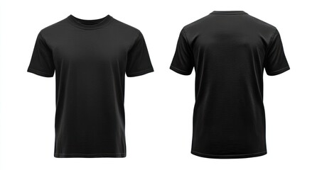 Black T-shirt mockup, front and back, isolated, white background, design template