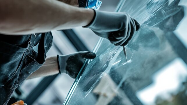 A close-up of a glazier fitting a large glass pane into a window frame, with suction cups and safety gear visible, Glass installation scene