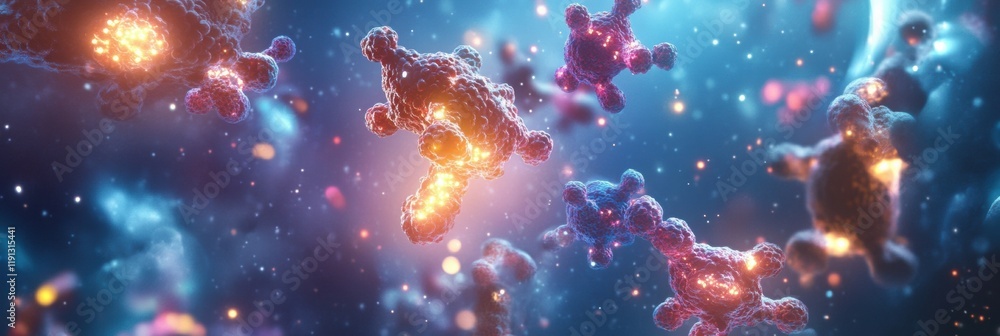 Leinwandbilder visualization of antibodies actively targeting glowing viruses in a dynamic molecular environment. g