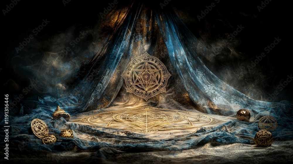 Poster mystical great maya yantra etched in shimmering gold enigmatic setting artistic focus ethereal atmos