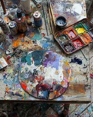 A table covered in paint and brushes with a round canvas in the center