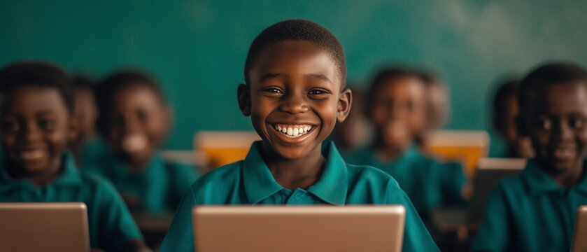 A joyful young boy smiles brightly in a classroom filled with students. Each child is engaged with their own laptop, representing the power of education and technology in learning.