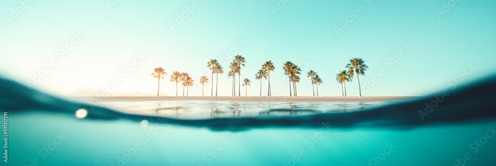 Aufkleber split view of a tropical island with palm trees growing on a white sandy beach seen from underwater 