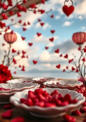 Small red hearts with white porcelain dishes valentines love heart valentine vector romantic day holiday