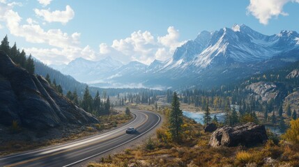 Scenic mountain road trip with a car driving through a valley.