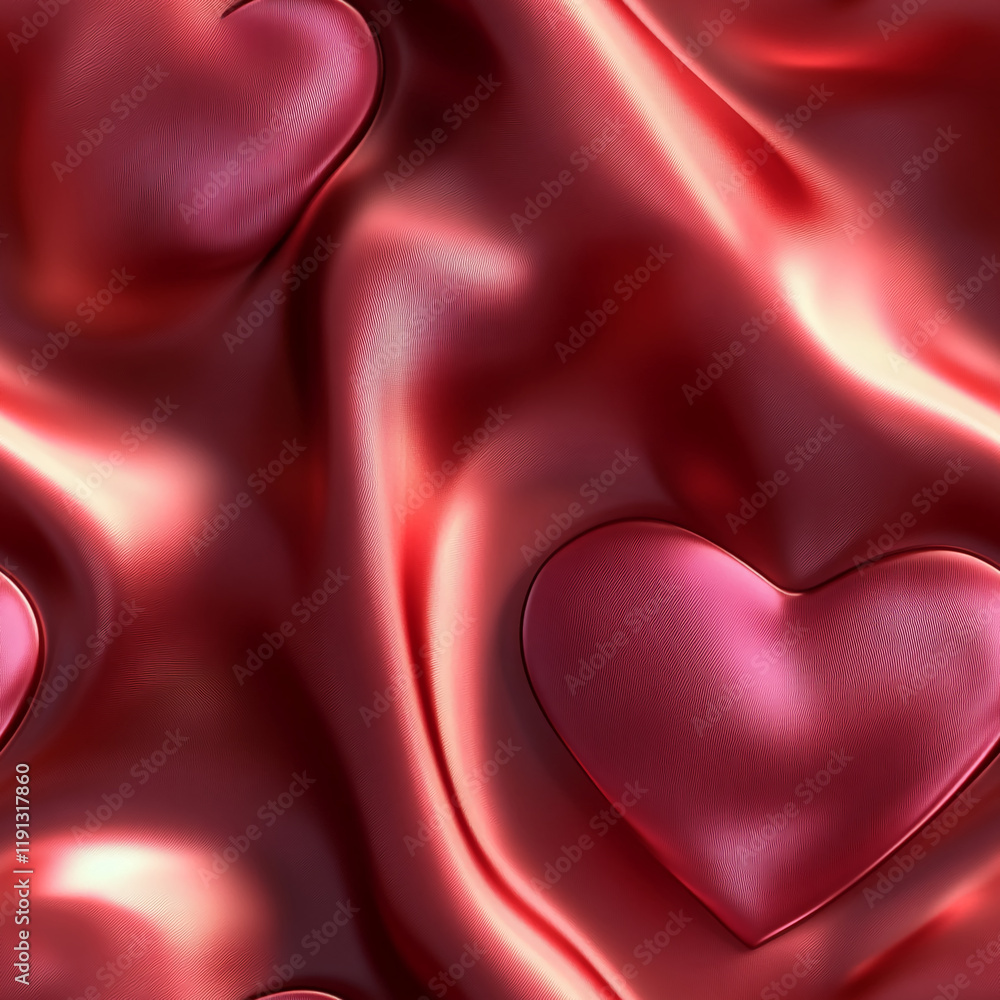 Poster luxurious red silk texture with embossed heart patterns for valentine's day