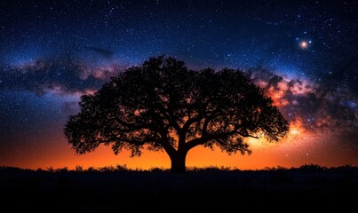 Fototapeta premium Silhouetted tree, starry night, vibrant sunset.