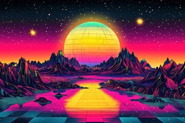 Vibrant Retro Futuristic Alien Planet Landscape
