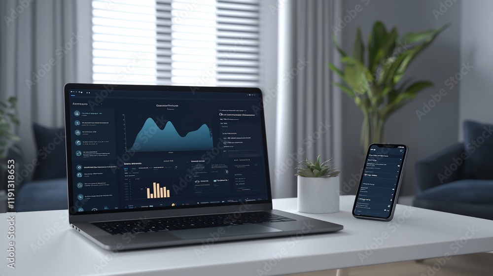 Aufkleber Laptop and phone displaying data analytics on a desk.