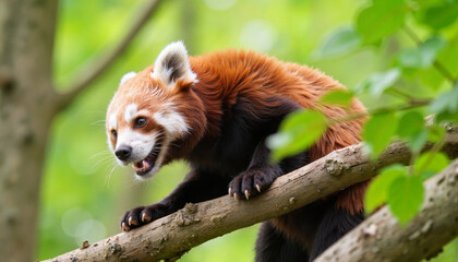 Red panda climbing a branch in a lush green forest