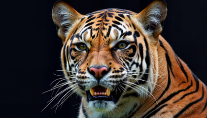 Naklejka premium Tiger with fierce expression against black background