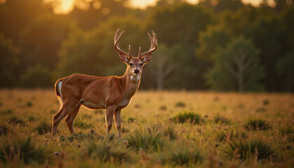 Obraz premium Stag standing in grassy field at sunset