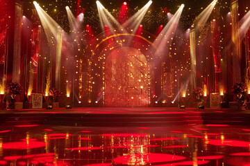 Red Theater Stage with Dramatic Lighting and Velvet Curtains, Elegant Performance Venue Setup with Spotlight and Theatrical Atmosphere
