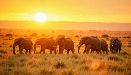 Fototapeta premium Herd of elephants walking against sunset backdrop